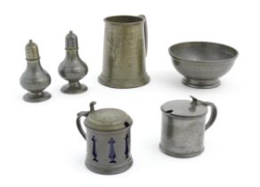 A quantity of 20thC pewter, comprising mustard pots, bowl, pepperettes and a tankard marked '