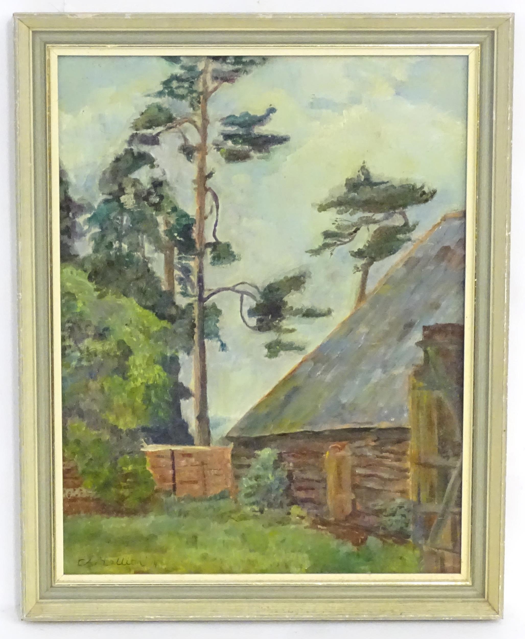 C. A. Mallion, 20th century, Oil on board, A study of a barn with trees. Signed and dated '74