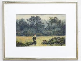 F. Bourtayre, 21st century, Oil on board, Hunting figure and gundog. Signed below mount. Approx. 7