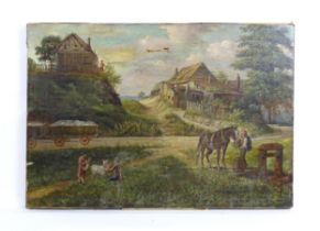 19th century, Oil on canvas, A rural coastal scene depicting a man by a well feeding a horse,