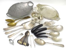 Assorted white metal and silver plate items to include servers, dish tongs, sauceboat spoons etc