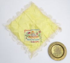 Military interest : A handkerchief embroidered with Royal Artillery insignia together with a brass