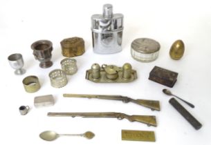 A quantity of assorted items to include a glass powder pot with silver plate lid, a large hip flask,