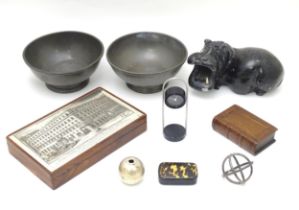 A quantity of assorted miscellaneous items to include snuff box of book form, bowls, soapstone model