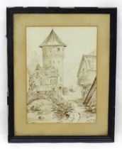 Early 20th century, Pencil & wash, A naive Continental townscape with stone arch bridge, and boats