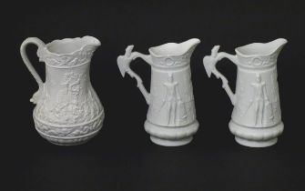 Three Portmeirion Parian ware jugs with relief detail. Largest approx. 4 1/2" tall (3) Please Note -