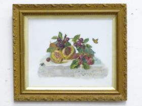 An oil on glass still life study depicting nectarines, strawberries and cherries with butterfly