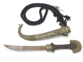 A Middle Eastern / North African Jambiya dagger / knife and sheath with rope belt, approx 16" long