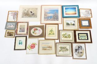 A quantity of assorted watercolours and prints to include flower studies by Lin Collier, beach scene