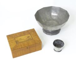 A 20thC Portuguese pewter tazza, together with a a pewter beaker and an Egyptian jewellery box,