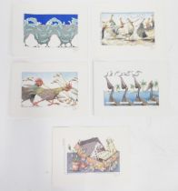 Five humorous signed prints by Simon Drew to include Poultry in Motion, At the Chicken Liver