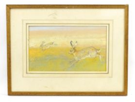 Shan Egerton, 20th century, Pastel, Hares in Spring Stubble. Signed with initials lower left.