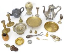 A quantity of assorted silver plate and brass wares to include candlesticks, teapot, dishes,