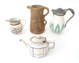 Four ceramic items to include a God Speen farming jug, a jug with pewter lid, a white glazed