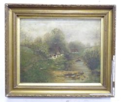 19thC, Oil on canvas, Landscape scene with thatched cottages by a stream with sheep grazing and a