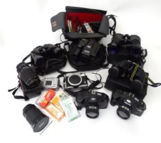 A quantity of cameras and camera accessories to include Nikaiyo FMD 35mm film camera, intax mini