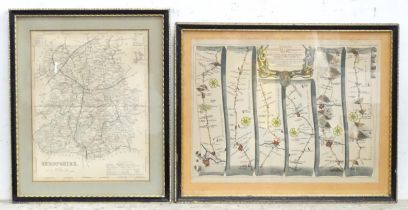 Two maps comprising a map of Shropshire after Joshua Archer, and a road / strip map showing the road