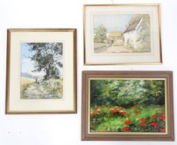 Three assorted pictures comprising a watercolour depicting a figure and a dog walking along a