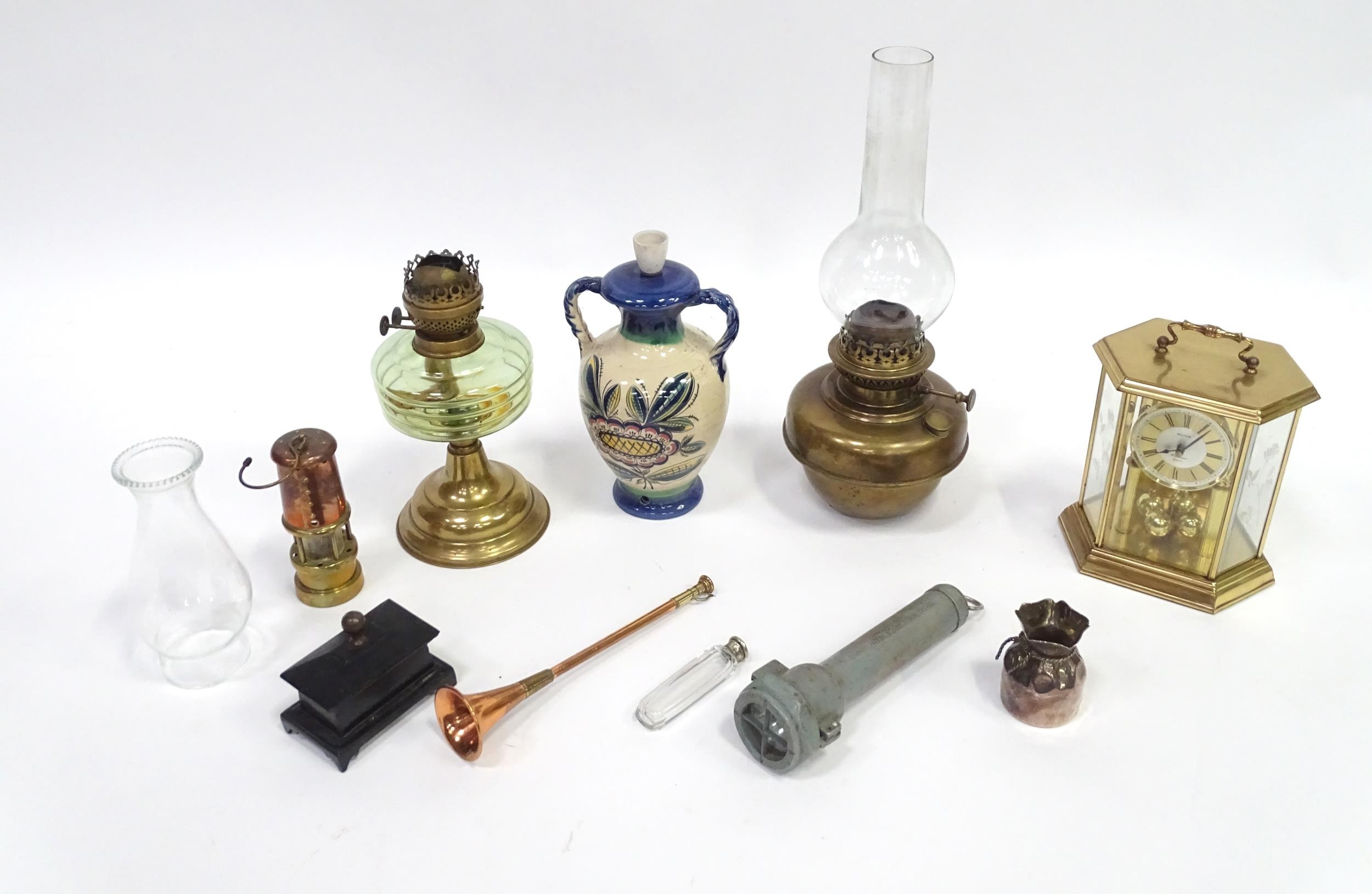 A quantity of assorted items to include clock, oil lamp sections, torch, pot and cover, - Image 2 of 8