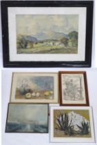 Five assorted prints comprising a mountain landscape after Percy Lancaster, Yacht Approaching the