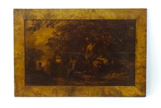 An unusual early 20thC sepia image on wood panel after George Morland, depicting a bucolic rural