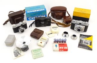 A quantity of 20thC cameras and camera accessories to include a Kodak Retinette 35mm camera with box
