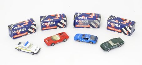 Toys: Four small Corgi die cast scale model vehicles comprising Jaguar Track Car, Ferrari 308 GTS,