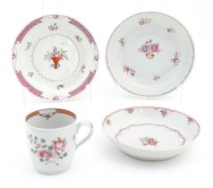 Four 19thC ceramic items in the manner of New Hall, comprising cup, saucer and dishes, decorated