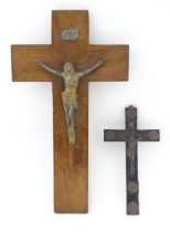 An early 20thC crucifix with cast Corpus Christi / Jesus Christ, INRI banner, and five medallions,
