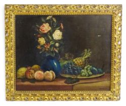 Early 20th century, Oil on board, A still life study with flowers in a twin handled vase and fruit