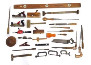A quantity of carpentry / woodworking tools , including jack planes, saws, hammer, a rebate plane by