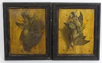 A pair of Victorian prints on embossed card depicting hanging game birds. Approx. 17 1/4" x 13 1/