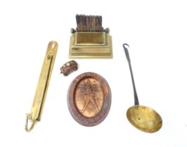 A quantity of assorted brass and copper items, comprising a clamp with weighted base containing