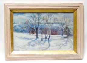 A 20thC pastel by Sue Wales depicting a winter landscape. Signed lower left. Approx. 11 3/4" x 17