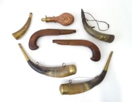 Shooting : a quantity of items comprising a copper and brass shot flask, four Eastern horn powder