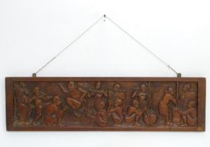 Ethnographic, Native, Tribal : A 20thC carved hardwood panel by Joseph Rasola depicting figures