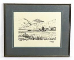 Pat Amd, Scottish School, 20th century, Ink drawing, Castle Stalker, Argyll, Scotland. Titled