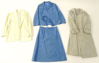 Vintage fashion / clothing: 4 items of clothing to include a matching blue suede skirt and jacket