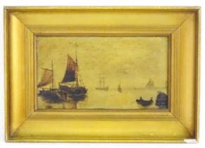 19th century, Marine School, Oil on board, A sunrise seascape with boats. Approx. 5 1/4" x 9 1/4"