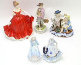 A quantity of assorted ceramic figures to include a Leonardo Collection lady wearing a red dress,