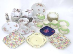 A quantity of assorted tea wares etc. to include tea cups, saucers, teapot, milk jug, sugar bowl,