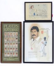 Three items of cricketing memorabilia comprising a 1985 commemorative poster of Graham Gooch by