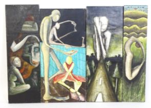 20th century, Mixed media on paper laid on board, Four Surrealist works to include figures, masks,