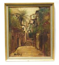 A 20thC Continental oil on canvas depicting a street scene. Indistinctly signed and dated '67 lower.