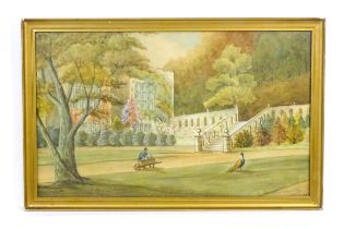 Early 20th century, Watercolour, A view of Haddon Hall with a peacock and a gardener. Indistinctly