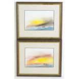 Thomas Castle, 20th century, Watercolours, A pair of coastal sunset scenes with shipping. Signed