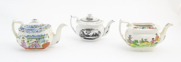 Three London shape teapots, two with chinoiserie style decoration, the other with bat ware style