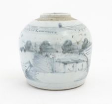 A Chinese blue and white vase / jar with brushwork decoration depicting a landscape scene. Marked