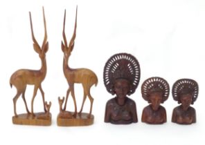 Ethnographic, Native, Tribal : Two carved wooden animal groups with gazelle. Together with three