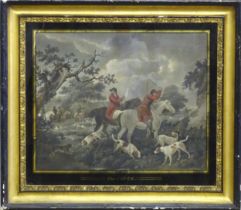 After George Morland (1763-1804), Colour engraving, The Check, A landscape fox hunting scene with